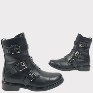 rag & bone Hudson Black Leather Moto Biker Mid Buckle Boots • 36.5